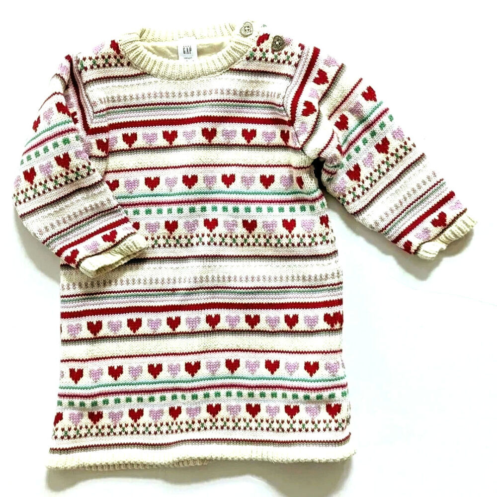 Baby Gap Fair Isle Heart Cotton Knit Sweater Dress – Girls 12–18 Months